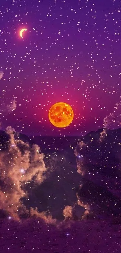 Dreamy purple sky with moon and stars wallpaper.