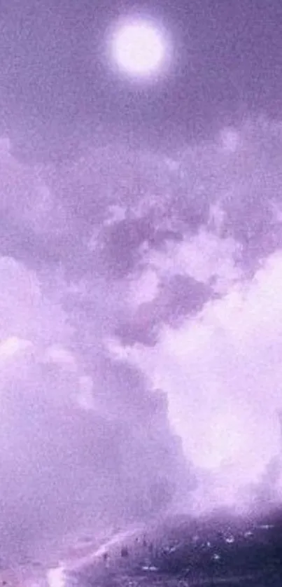 Dreamy mobile wallpaper of a purple sky with illuminated clouds.