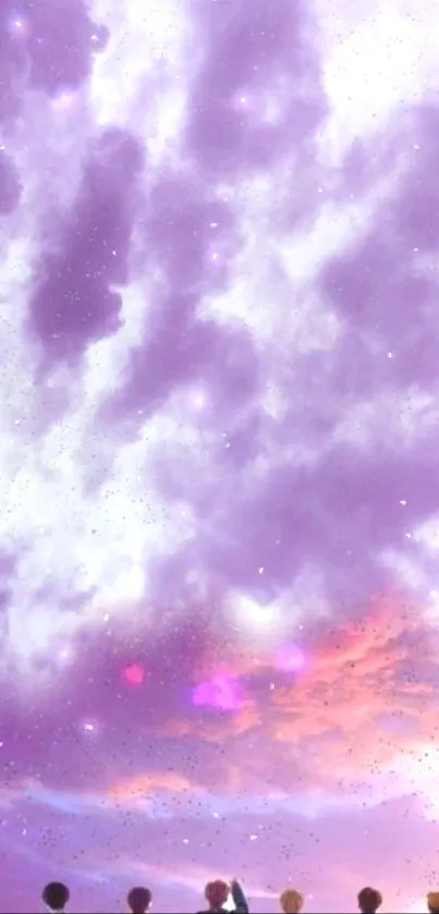 Dreamy purple sky with clouds and stars, creating a tranquil aesthetic.