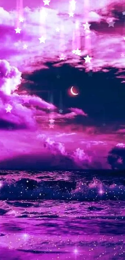 Dreamy purple sky with a crescent moon and sparkling stars over the ocean.