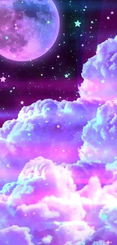 Purple night sky wallpaper with moon and clouds.