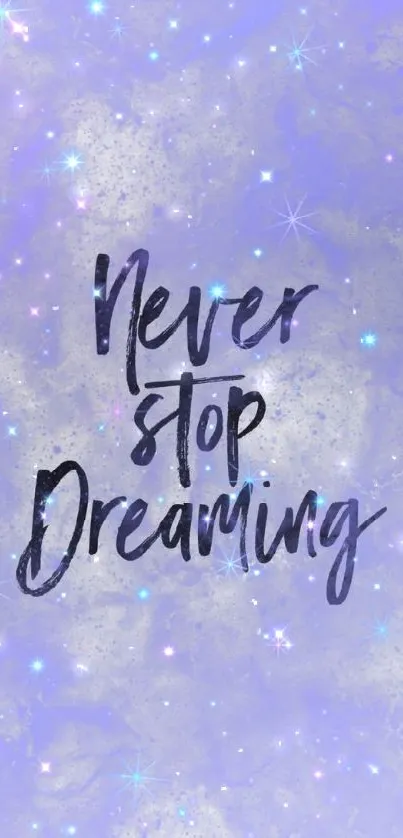 Purple starry wallpaper with 'Never Stop Dreaming' quote.