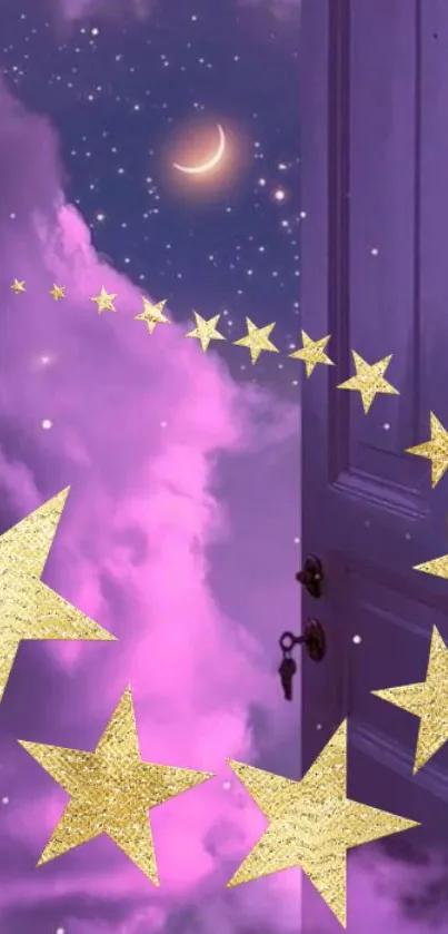 Dreamy purple sky with golden stars and open door in enchanting scene.