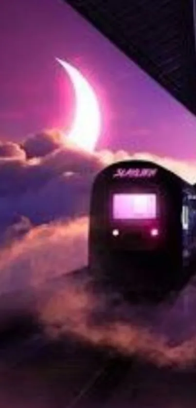 Mystical train travels under a purple sky with crescent moons.