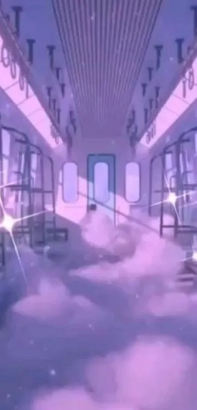 Dreamy purple train interior with clouds and sparkles.