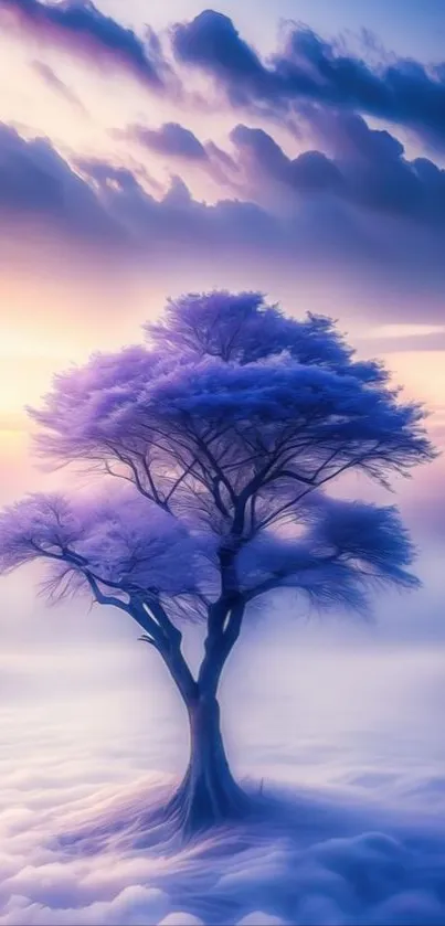 Dreamy purple tree amidst clouds under a mesmerizing sky.