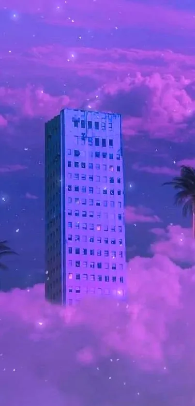 Surreal purple skyline with clouds and palm trees creating an urban fantasy scene.