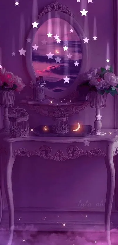 Dreamy purple wallpaper with a vintage vanity and moonlit reflection.