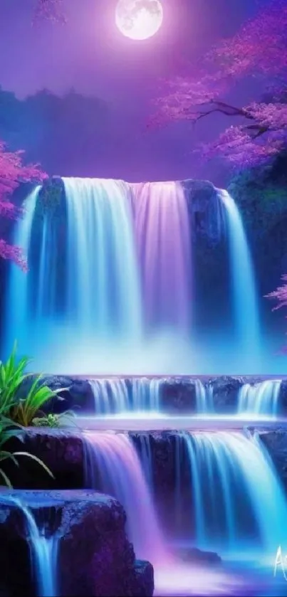 Dreamy purple waterfall under moonlight with vibrant foliage.