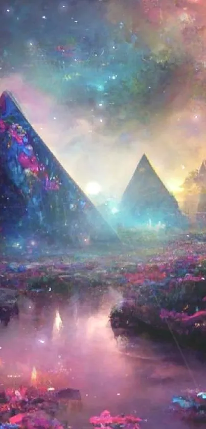 Fantasy pyramid nightscape with vibrant colors and ethereal clouds.