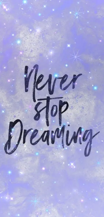 Purple wallpaper with 'Never stop dreaming' text surrounded by stars.