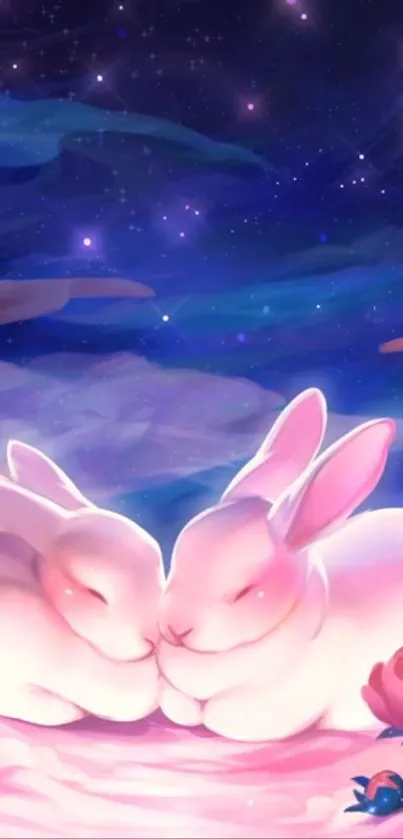 Two rabbits resting peacefully under a starry, dreamy night sky with pink hues.