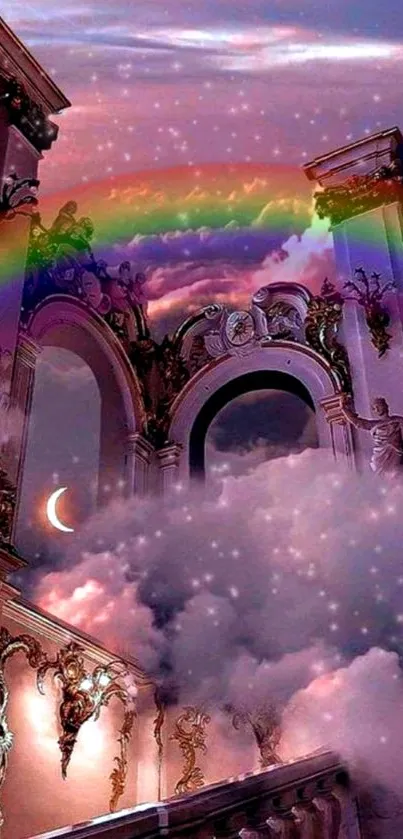 Colorful rainbow over dreamy clouds and ornate arches with crescent moon.