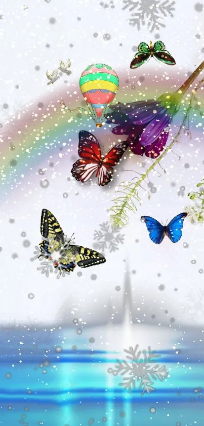 Colorful butterflies and hot air balloon with rainbow over sea.