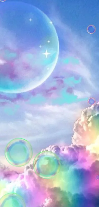 A dreamy sky with rainbow clouds and a mystical bubble.
