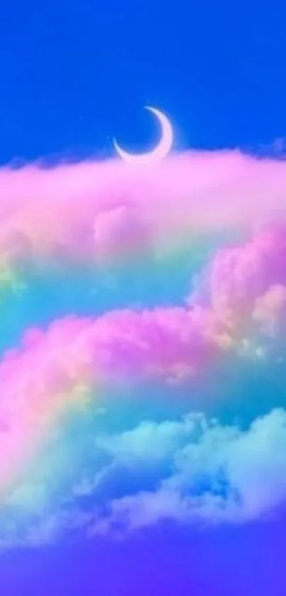 Dreamy rainbow clouds with crescent moon in blue sky wallpaper.