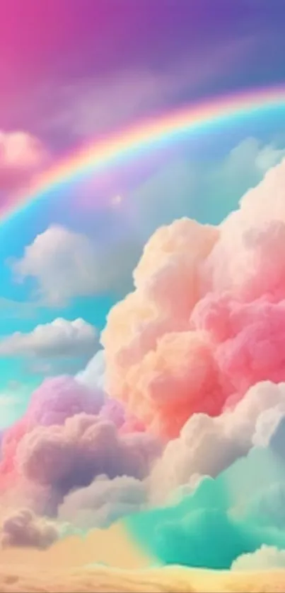 Dreamy pastel clouds with a rainbow in the sky.