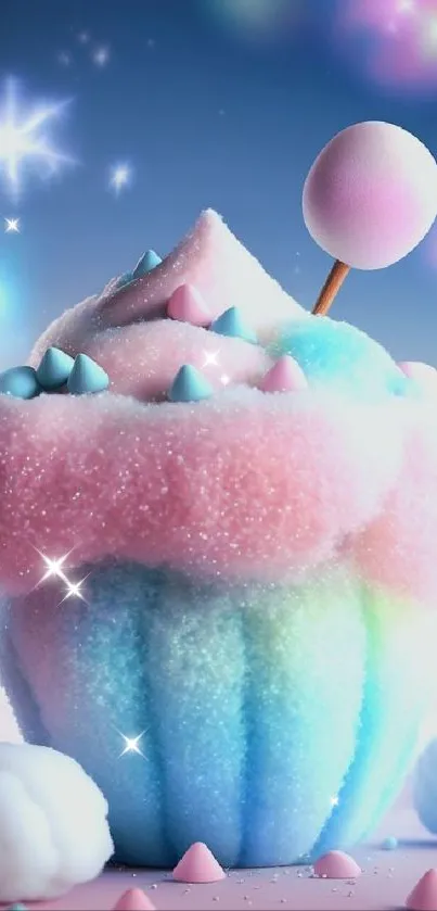 Pastel rainbow cupcake with dreamy soft colors and magical stars.