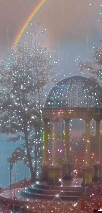 Dreamy gazebo under a rainbow with sparkling lights.