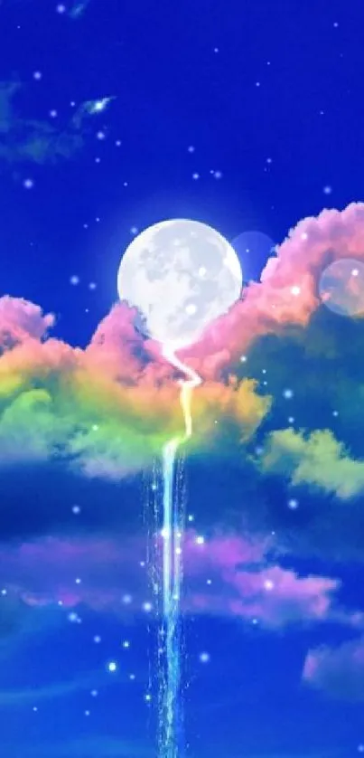 Breathtaking wallpaper with a full moon and rainbow clouds.