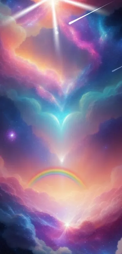 Enchanting mobile wallpaper with a dreamy rainbow and celestial clouds.
