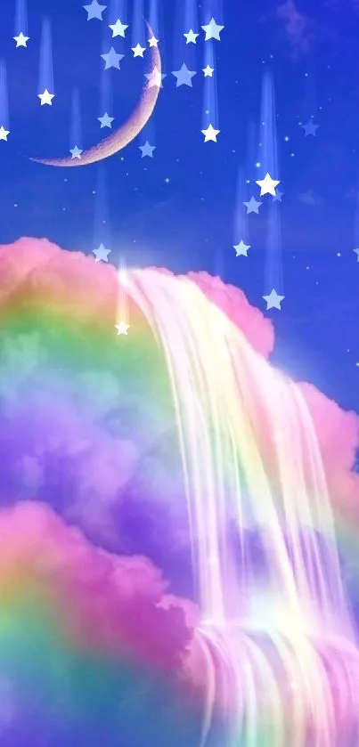 Colorful rainbow waterfall under crescent moon and stars in a dreamy night sky.