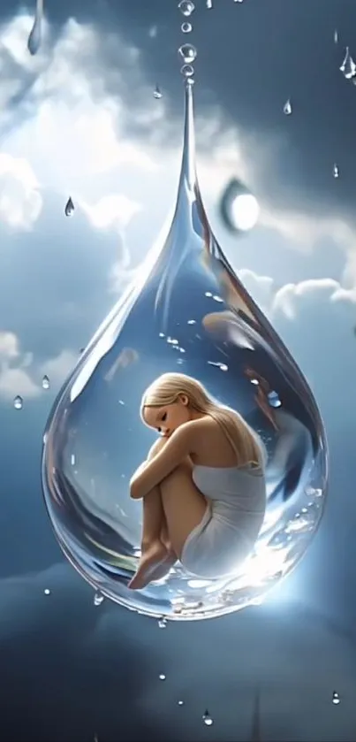 Serene figure inside a large raindrop in a fantasy art style.