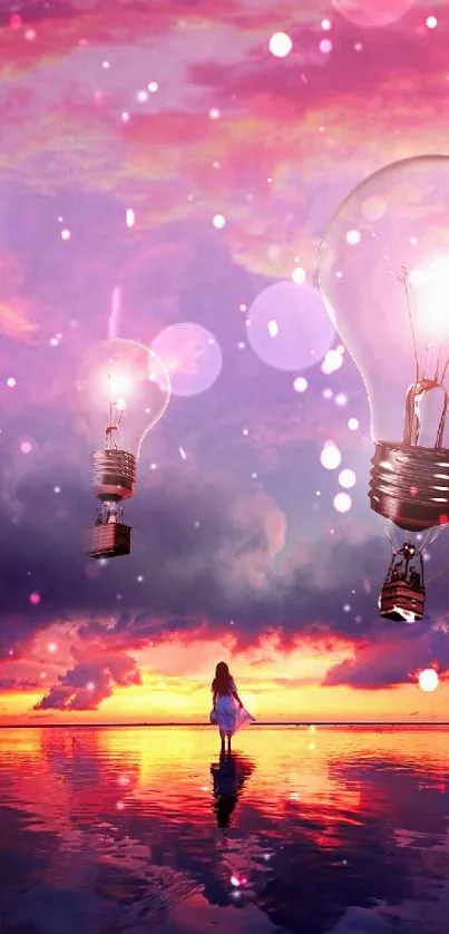 Dreamy sunset scene with floating light bulbs and reflections.