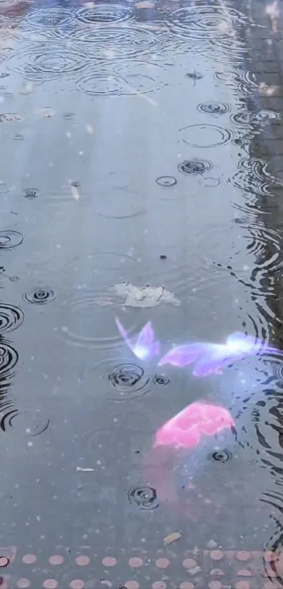 Rain-soaked street with dreamy reflections and light in a puddle.