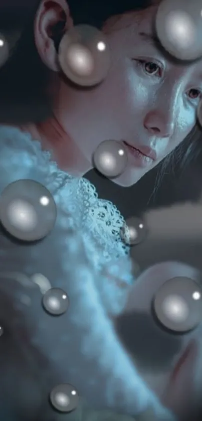 Dreamy portrait with reflective bubbles creating an ethereal ambiance.