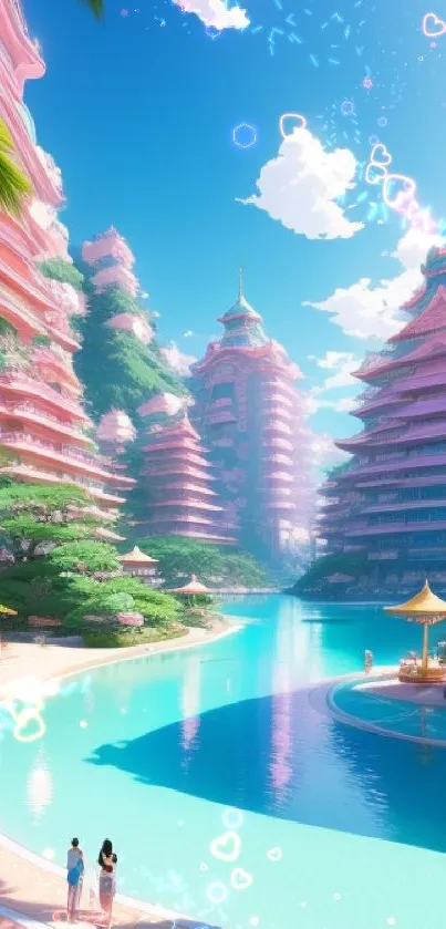 Dreamy resort art with sky, water, and lush greenery.