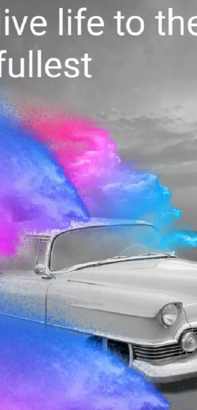 Retro car with vibrant clouds and pyramids in a surreal scene.