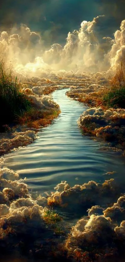 Surreal river and cloudscape mobile wallpaper.