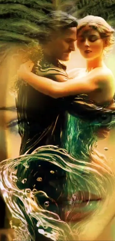 Romantic couple in surreal artistic embrace with vibrant colors.