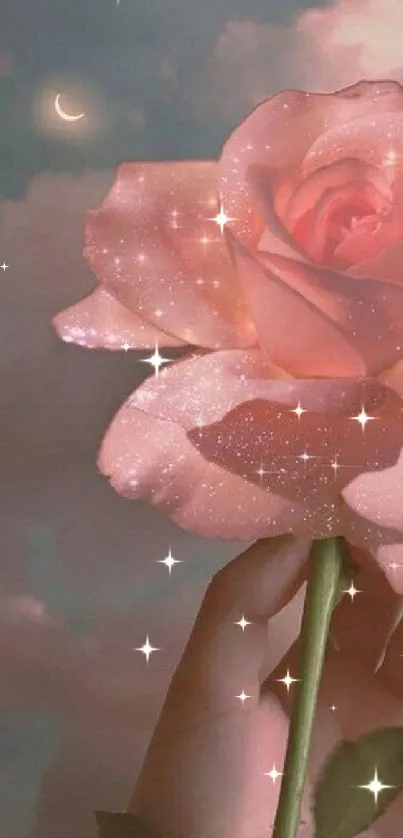 A sparkling pink rose enveloped by clouds and a crescent moon in the sky.