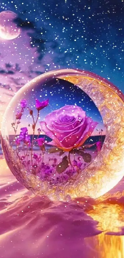 Purple rose and moon scene with an ethereal crystal orb reflecting ocean waves.