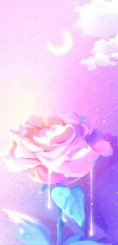 Pink rose with crescent moon on purple background wallpaper.