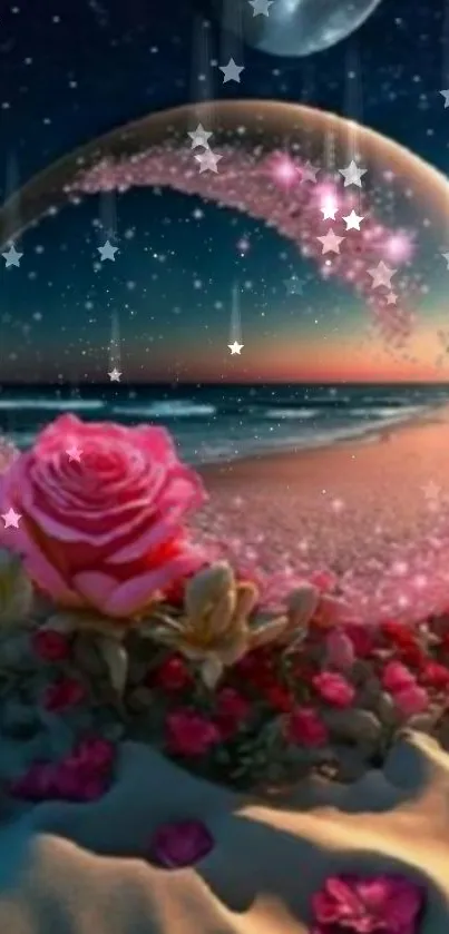 Dreamy night beach with rose and stars.