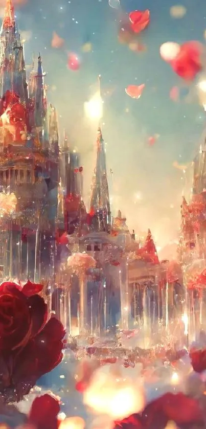 Ethereal castle with roses and floating petals in a fantasy setting.