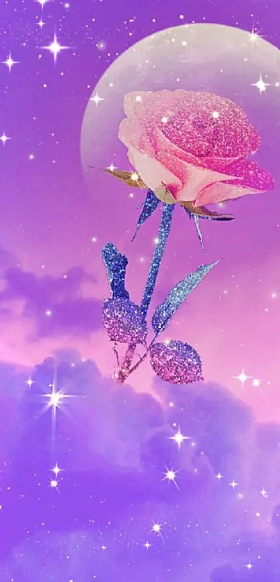 A sparkling pink rose amidst purple cosmic clouds and stars.