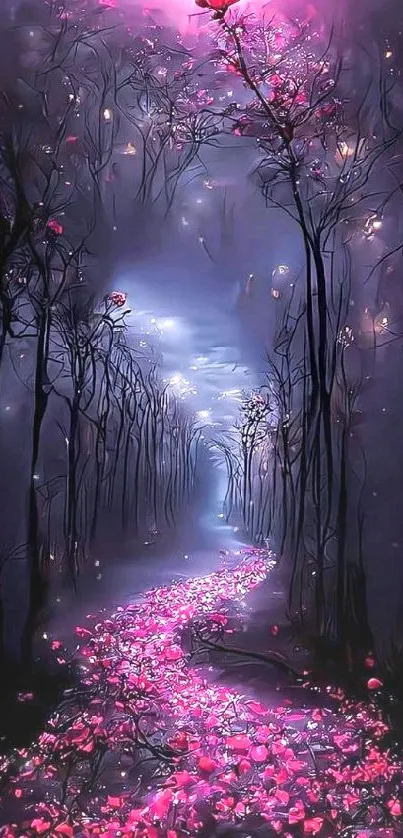 Dreamy fantasy path with pink rose and glowing lights.