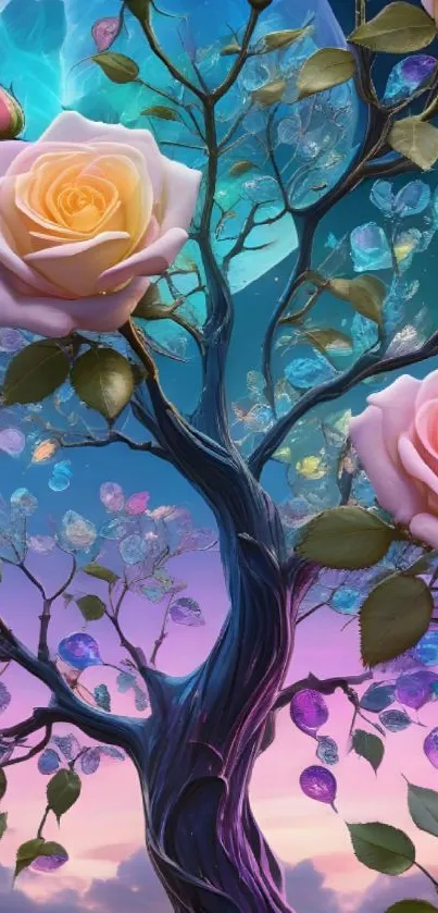 Surreal rose tree against a mystical sky.