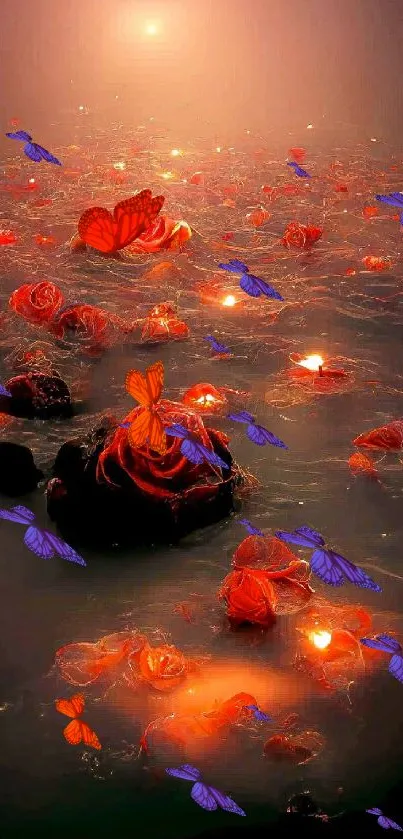 Floating glowing roses in dreamy water scene.