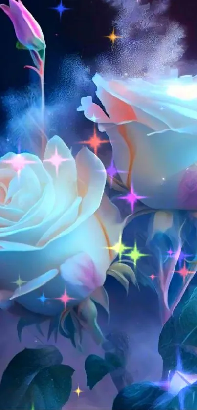 Dreamy white and pink roses on a mystical background for mobile wallpaper.