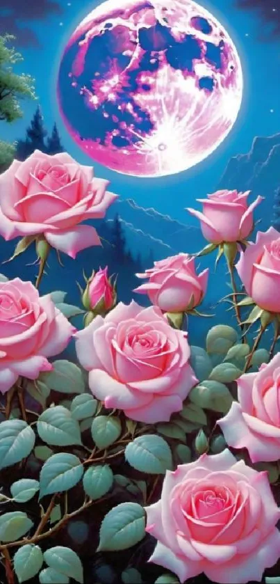 Blooming pink roses under a full moon.