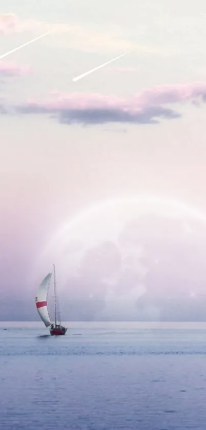 Dreamy pastel sky over serene sea with a sailboat in view.