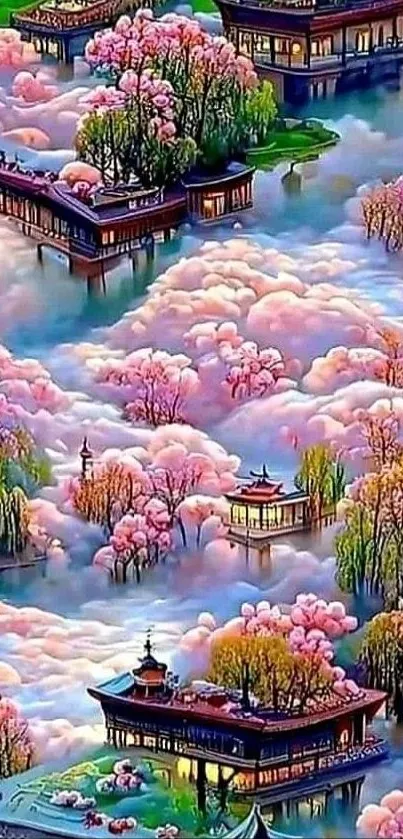 Fantasy landscape with cherry blossoms and misty clouds.