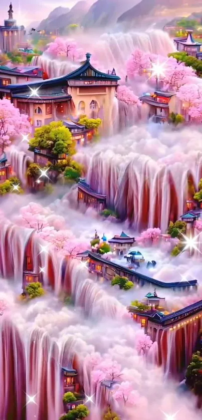 Dreamy landscape with sakura trees and cascading waterfalls, set in a fantasy design.