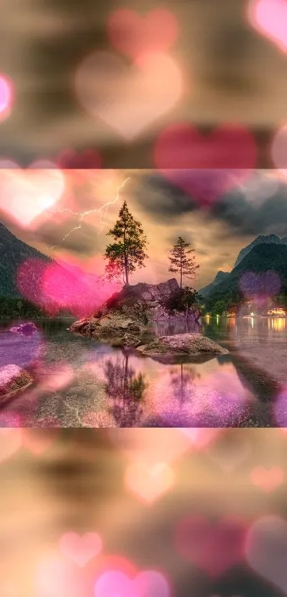 Dreamy landscape with hearts and trees on rock.