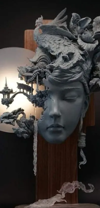 Dreamy sculpture with fantasy elements and subtle lighting.